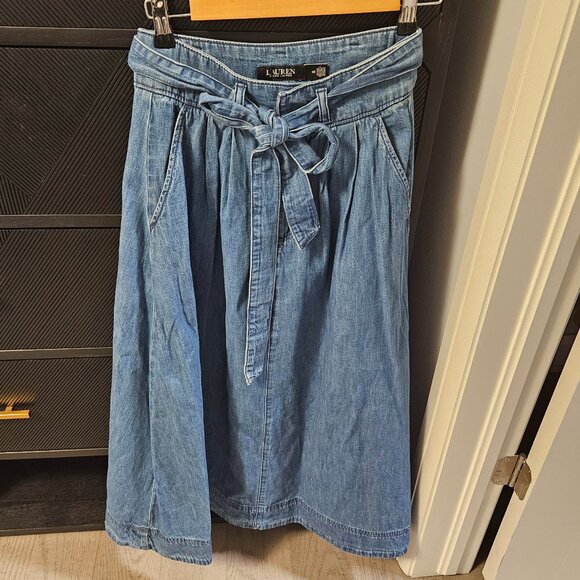 Lauren Ralph Lauren Belted Denim Midi Skirt, Blue - Picture 6 of 9